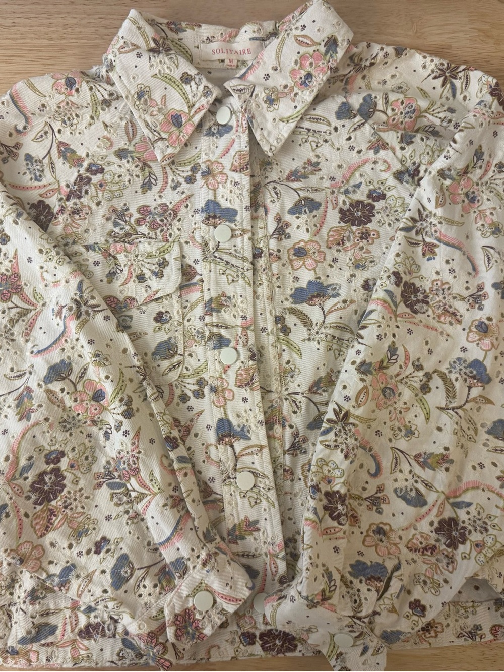 Solitaire Cream Embroidered Floral Snap Jacket with Pastel Accents